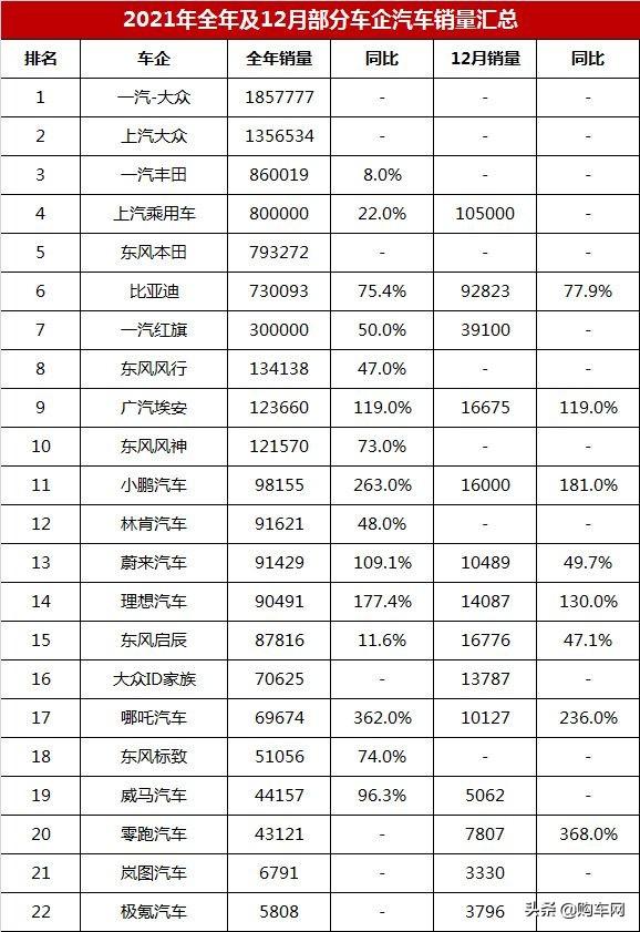 汽车厂商销量排行榜（22家车企全年销量排行榜）(11)